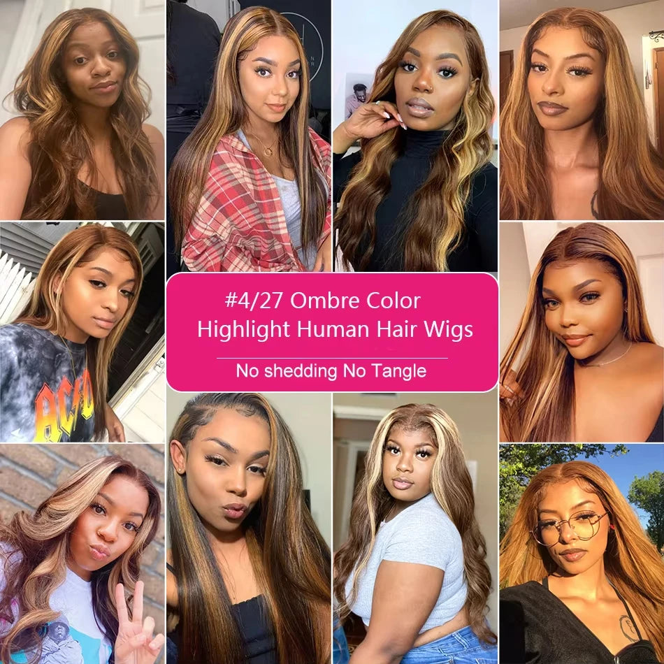 Straight Human Hair Wigs Highlight Ombre 13X6 Hd Lace Frontal Wig Human Hair 200 Density 13X4 Preplucked Brazilian Hair Wig