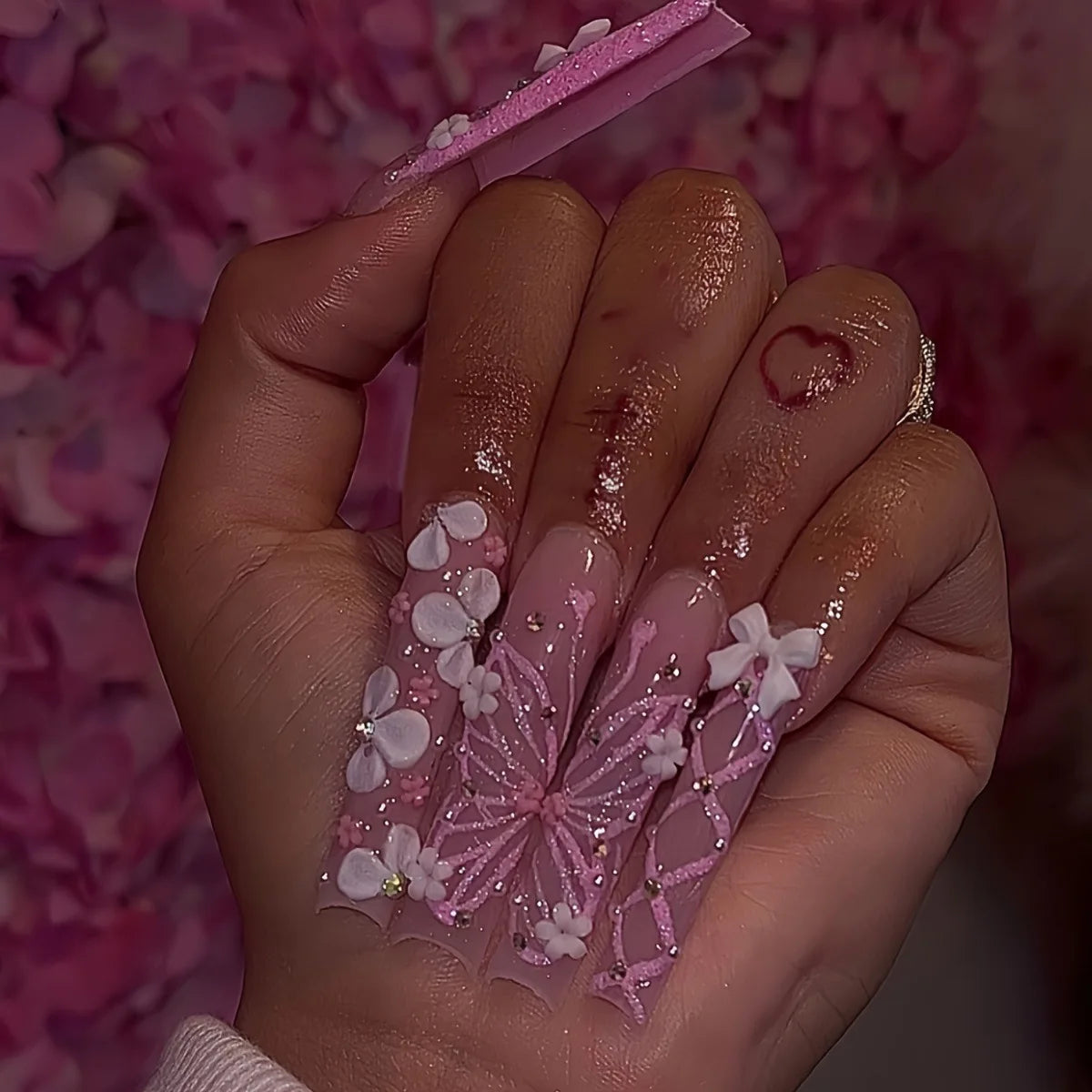 24 faux ongles carrés longs à poser avec imprimé léopard, design français 3D cerise, strass, couvrant entièrement