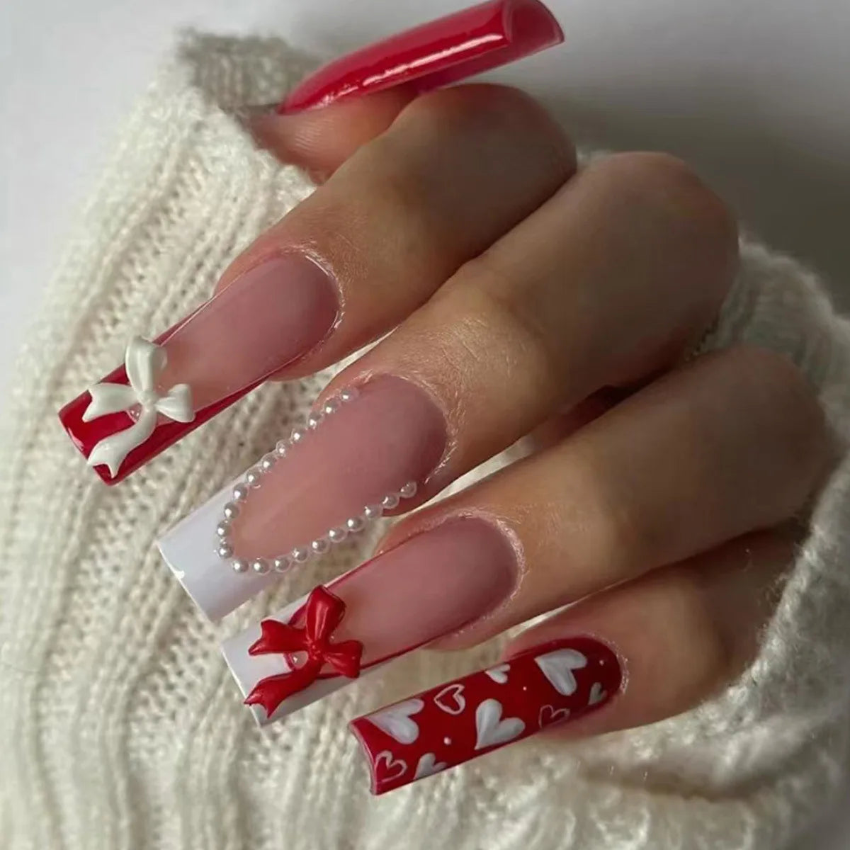 24 faux ongles carrés longs à poser avec imprimé léopard, design français 3D cerise, strass, couvrant entièrement