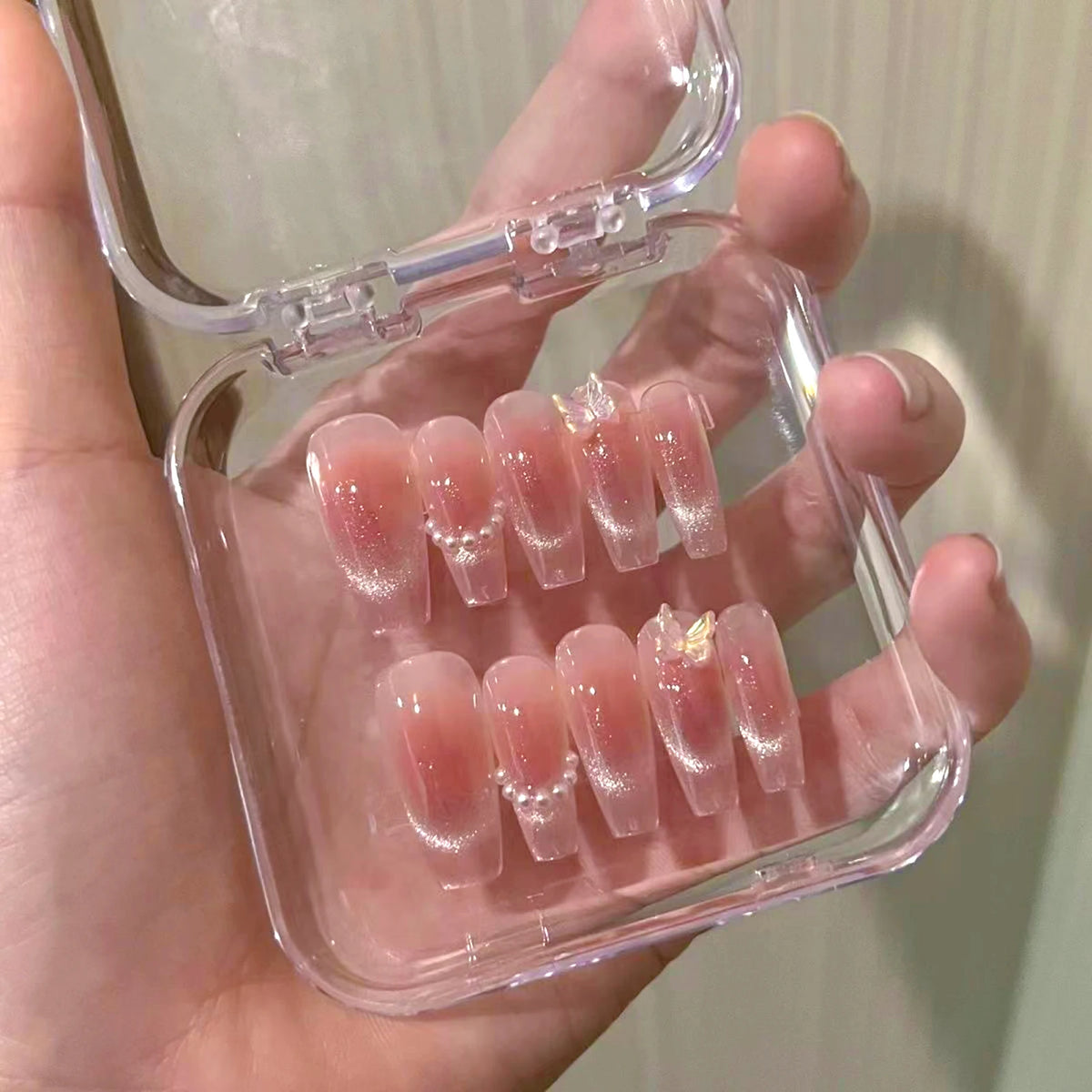 10 pièces d'ongles pressés papillon roses, yeux de chat, blush, faux ongles faits main DIY pour femmes, mariage, fête