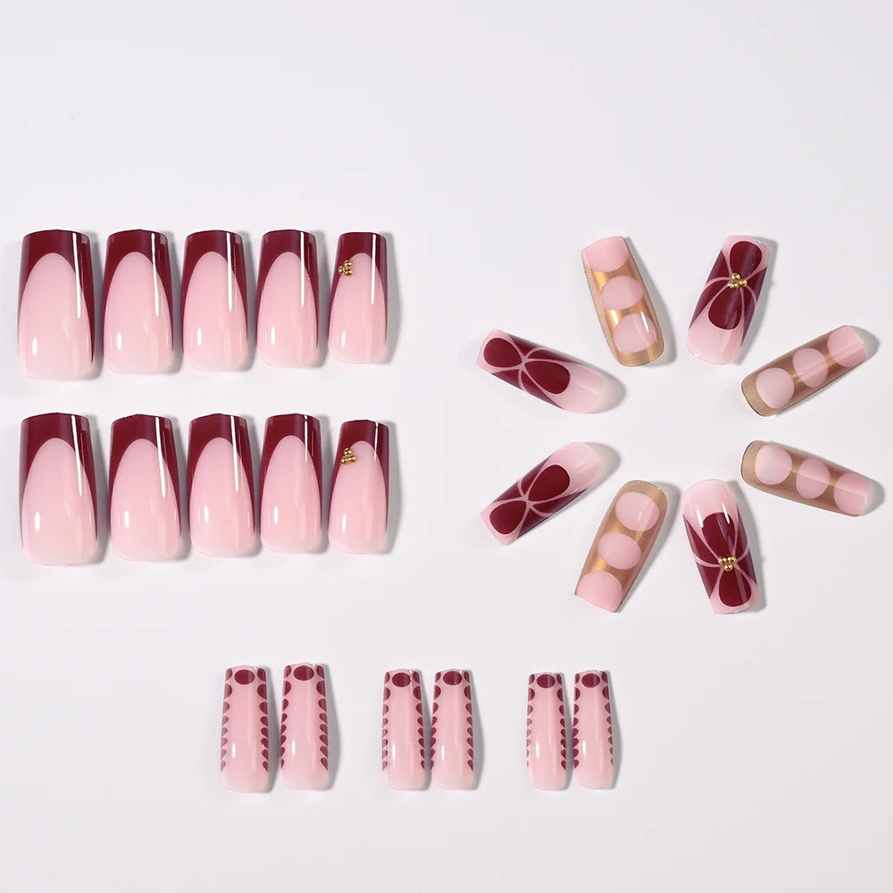 24 pièces ongles faux français cercueil longs rétro fleurs perles caviar design floral doré creux press on Y2k acrylique faux ongles