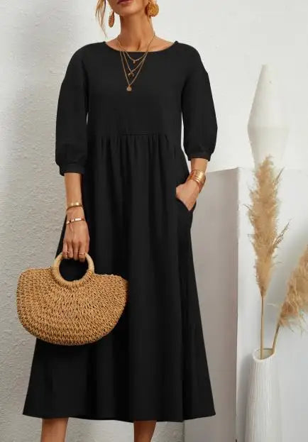 Women's Cotton Linen Dress Summer Fashion Vintage Loose Solid Lantern Sleeve Pocket Dresses O-Neck Long Femel Robe Ladies Wear