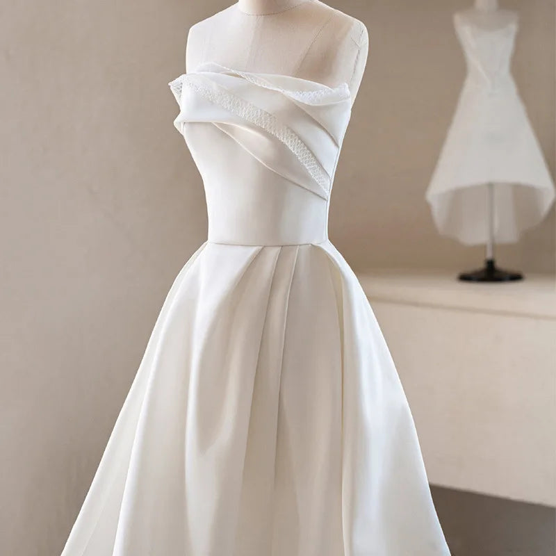 French Luxury White Satin Trailing Wedding Dresses for Bride 2026 Women Elegant Sexy Strapless Long Prom Party Dress vestidos