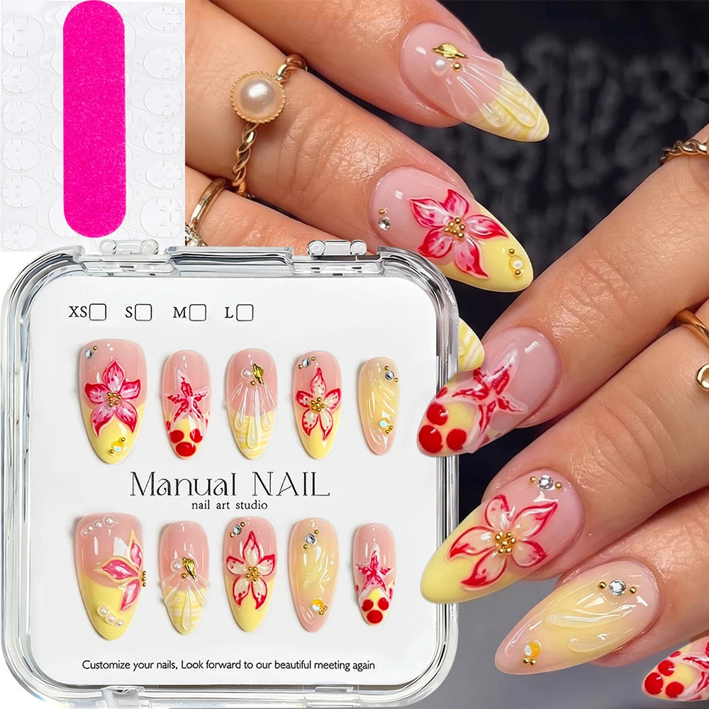 24 pièces ongles faux français cercueil longs rétro fleurs perles caviar design floral doré creux press on Y2k acrylique faux ongles
