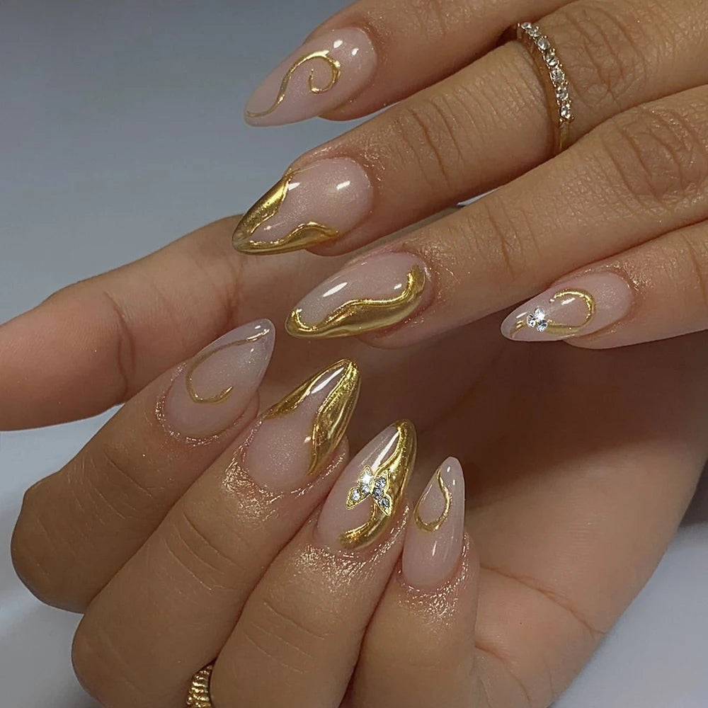 24 pièces ongles faux français cercueil longs rétro fleurs perles caviar design floral doré creux press on Y2k acrylique faux ongles