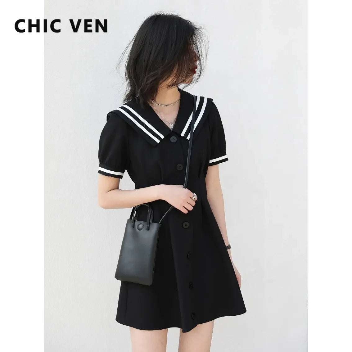 CHIC VEN Korean Women Dresses Black Short Sleeve Navy Collar Dress for Woman Office Lady Female Party College Summer 2025