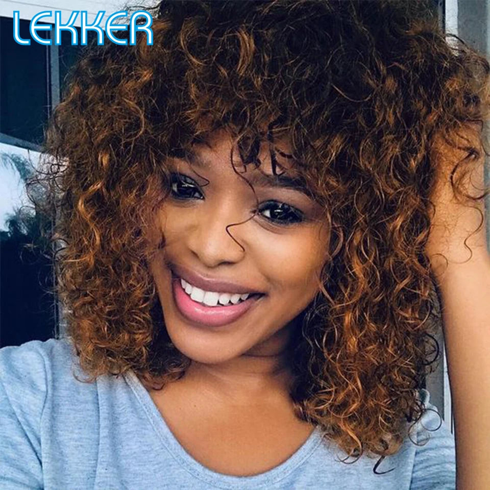 Perruque courte pixie afro bouclée kinky colorée humains pour femmes, cheveux brésiliens Remy, ombré marron en promotion gingembre