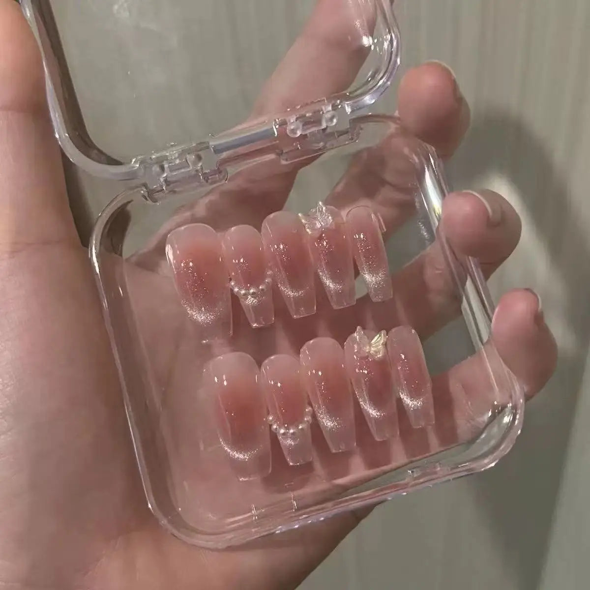 10 pièces d'ongles pressés papillon roses, yeux de chat, blush, faux ongles faits main DIY pour femmes, mariage, fête