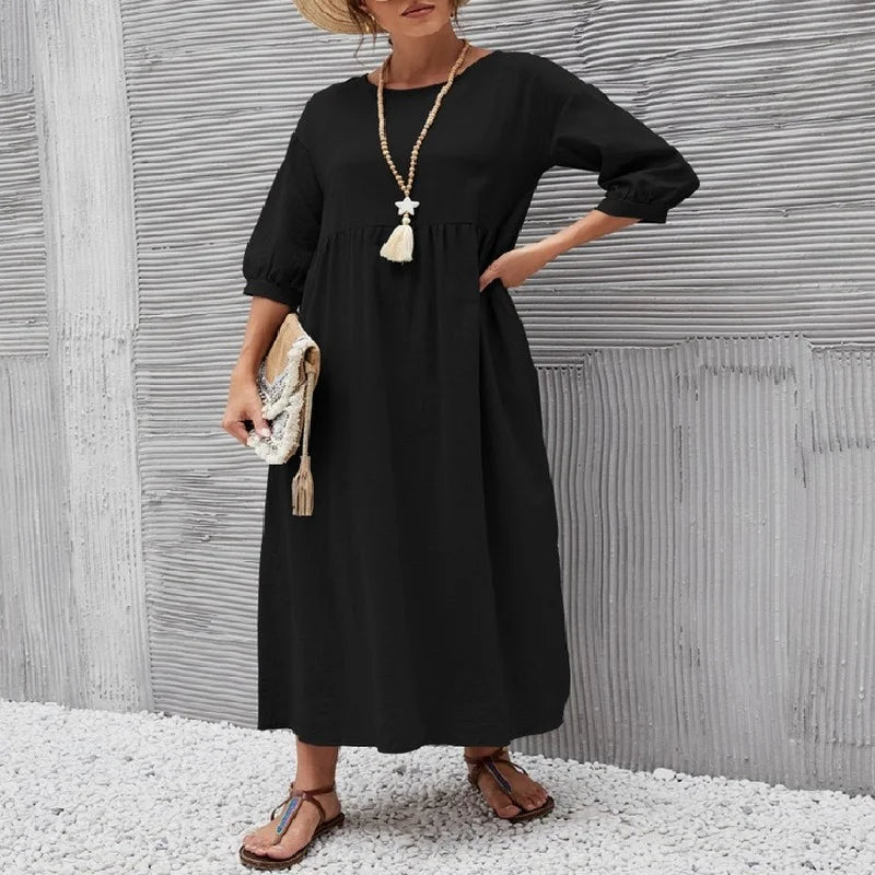 Women's Cotton Linen Dress Summer Fashion Vintage Loose Solid Lantern Sleeve Pocket Dresses O-Neck Long Femel Robe Ladies Wear