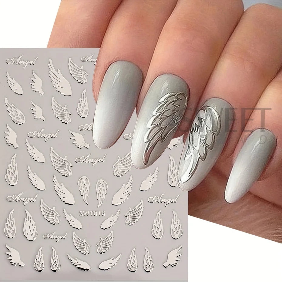 3 pcs Autocollants d'Ongles Bronzing Y2K Ailes d'Ange Étoile Lune Collier Décalcomanies Argent Or Motif Cadenas de la Saint-Valentin Accessoires de Manucure