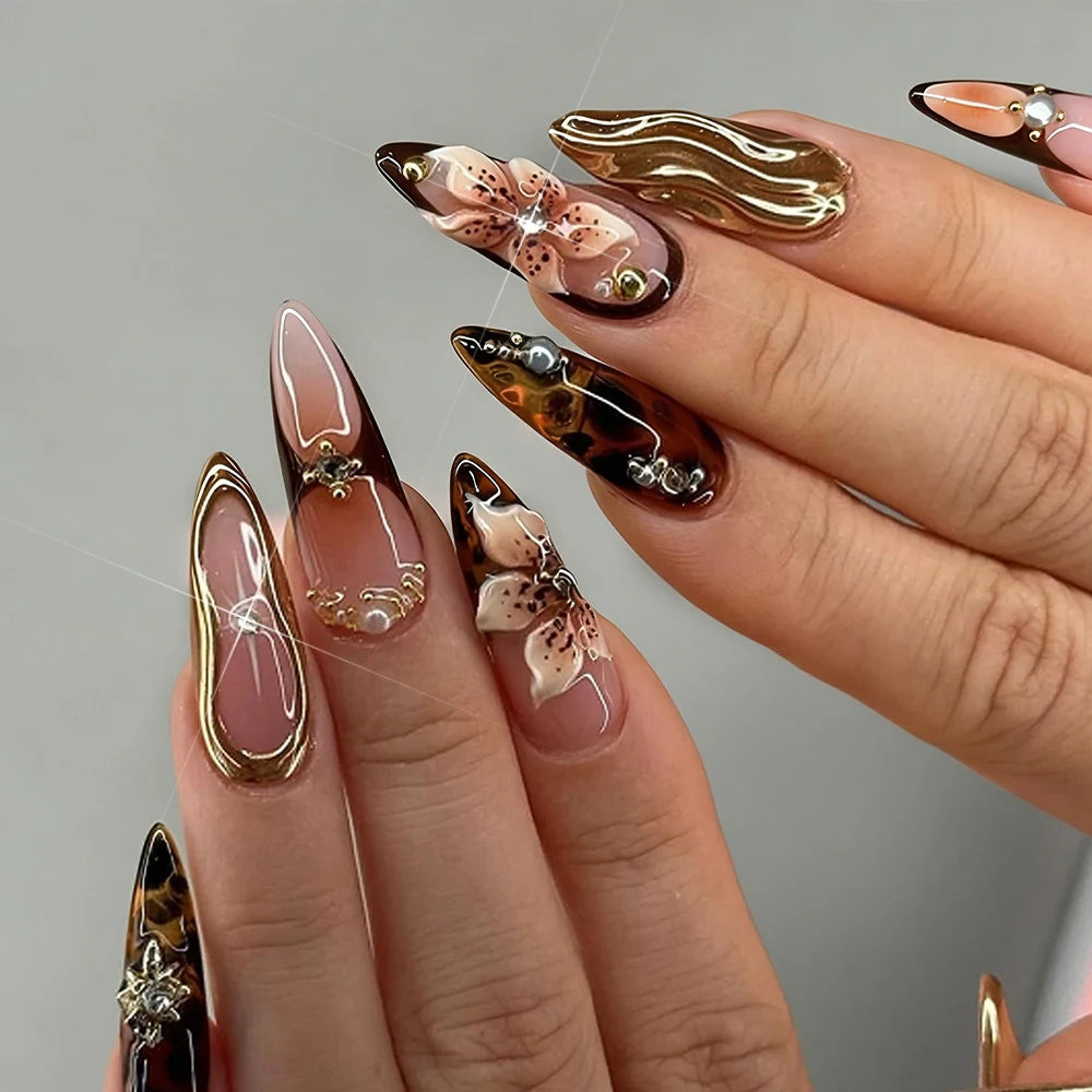24 pièces ongles faux français cercueil longs rétro fleurs perles caviar design floral doré creux press on Y2k acrylique faux ongles