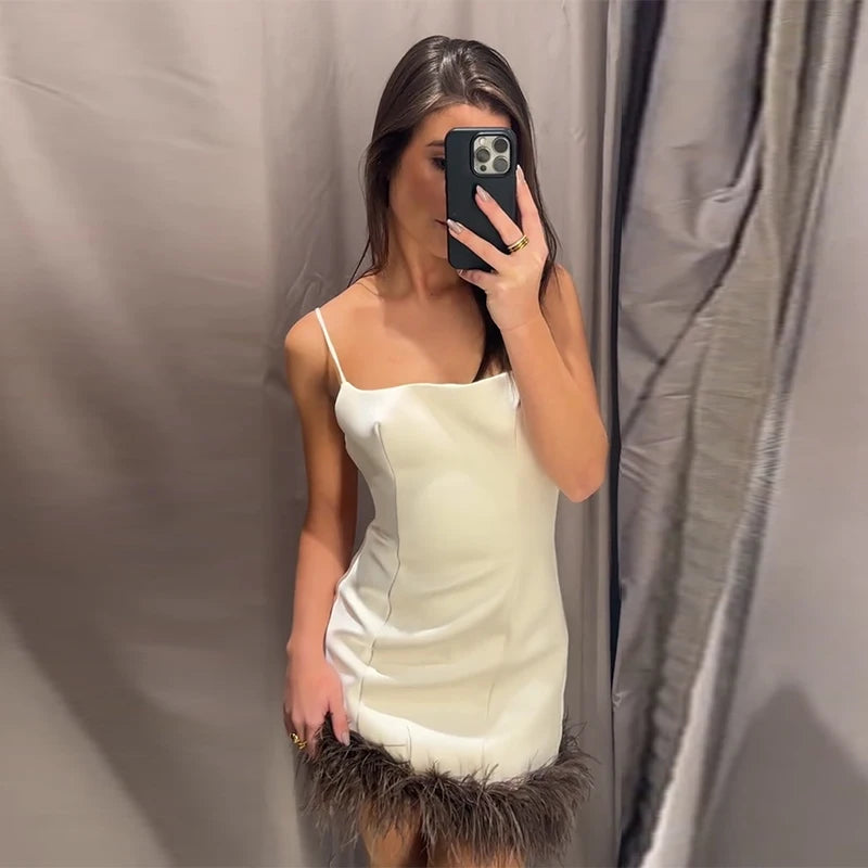 Elegant Fur Patchwork Women's Slip Dress Sleeveless Lady Mini Dresses 2026 Spring New Chic Female Party Ball Evening Robe