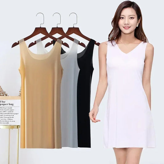 Seamless Full Slips Women Petticoat Underskirt Plus Size Sexy V/U Neck Sleeveless Ice Silk Ultra Thin Full Slips Dresses Women