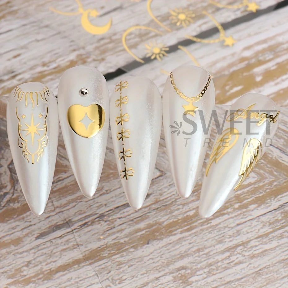 3 pcs Autocollants d'Ongles Bronzing Y2K Ailes d'Ange Étoile Lune Collier Décalcomanies Argent Or Motif Cadenas de la Saint-Valentin Accessoires de Manucure