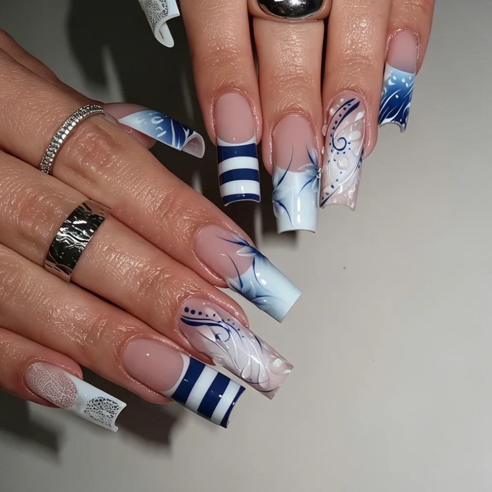 24 faux ongles carrés longs à poser avec imprimé léopard, design français 3D cerise, strass, couvrant entièrement