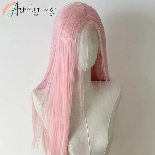 Perruque rose clair pour femmes 13x4 Lace Front, perruque synthétique longue droite de 26 pouces, fibre douce et résistante à la chaleur, perruque cosplay