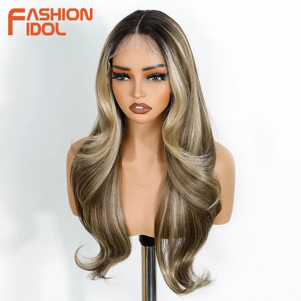 FASHION IDOL 24 Inch Long Loose Body Wavy Lace Front Wigs For Women Pre-Cut Pre Plucked Lace Wigs Ombre Blonde White Cosplay Wig