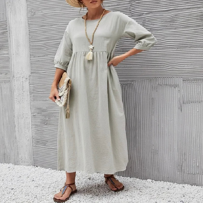 Women's Cotton Linen Dress Summer Fashion Vintage Loose Solid Lantern Sleeve Pocket Dresses O-Neck Long Femel Robe Ladies Wear