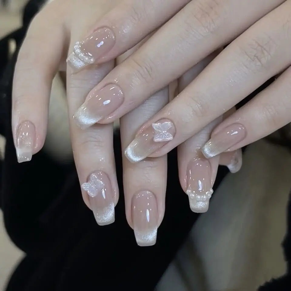 10 pièces d'ongles pressés papillon roses, yeux de chat, blush, faux ongles faits main DIY pour femmes, mariage, fête