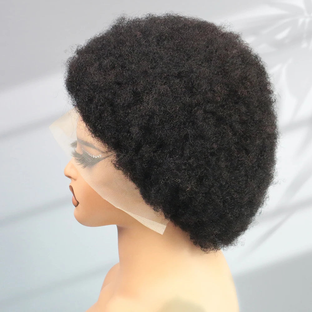 13X4 Lace Frontal Afro Kinky Curly Human Hair Short Pixie Cut Wigs For Women Short Curly Pixie Remy Wig Black Color 250% Density