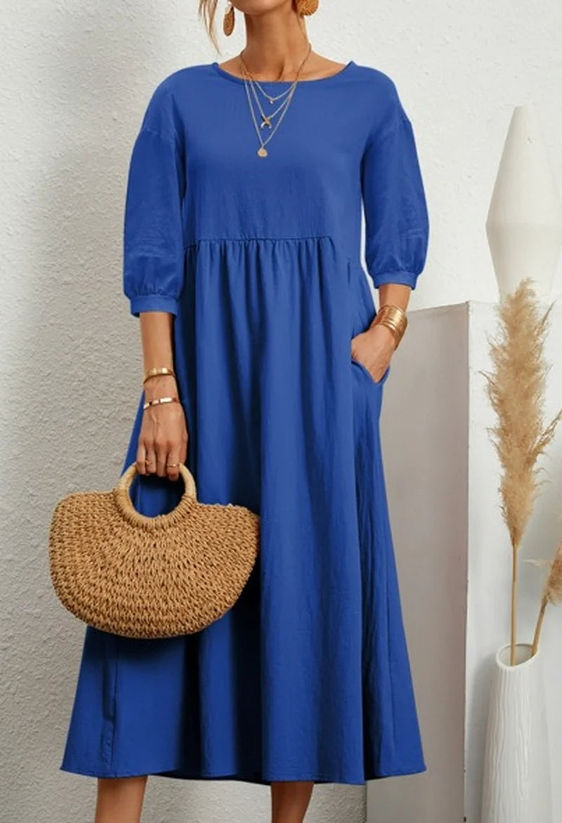 Women's Cotton Linen Dress Summer Fashion Vintage Loose Solid Lantern Sleeve Pocket Dresses O-Neck Long Femel Robe Ladies Wear
