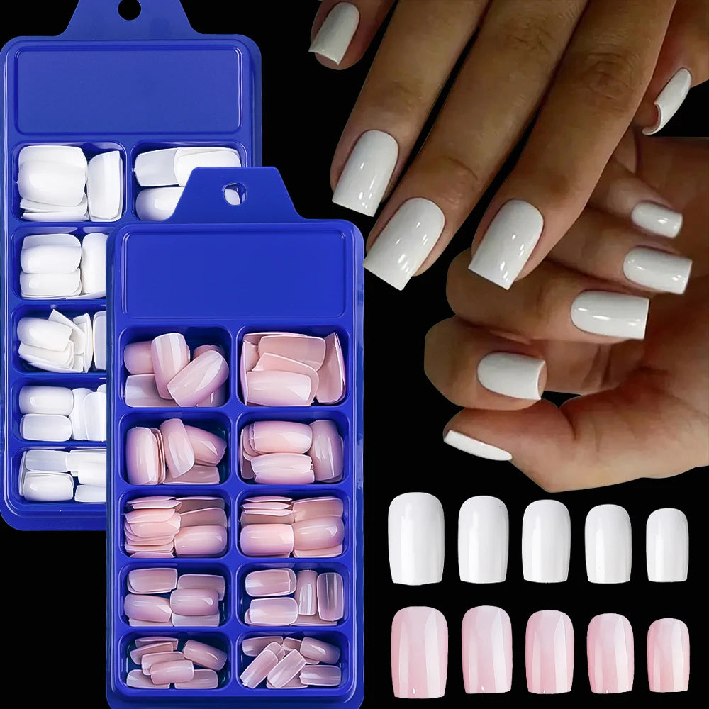 100 pcs d’ongles press-on rose clair, courts à moyens, carrés, faux ongles portables, 10 tailles, couverture complète, décoration pour doigts
