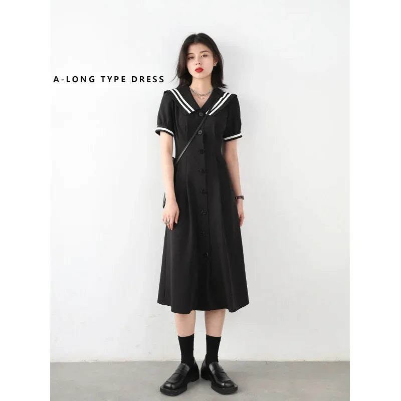 CHIC VEN Korean Women Dresses Black Short Sleeve Navy Collar Dress for Woman Office Lady Female Party College Summer 2025