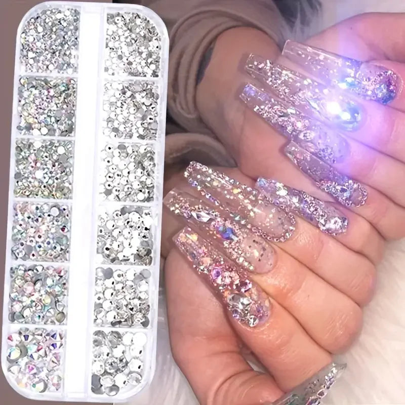 Boîte de strass pour ongles 3D à dos plat, strass pour ongles, gemmes en verre AB et cristal clair, kit de strass pour ongles, charms pour nail art, accessoires DIY pour manucure