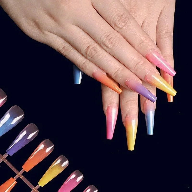 24 pcs/sac Faux Ongles Longs Cercueil Arc-en-ciel Ballerine Couverture Complète Ongles Artificiels Conseils de Manucure Beauté Faux Ongles Manucure Charms