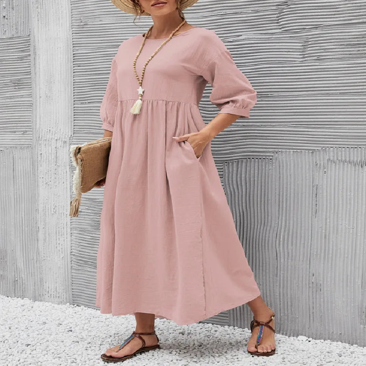 Women's Cotton Linen Dress Summer Fashion Vintage Loose Solid Lantern Sleeve Pocket Dresses O-Neck Long Femel Robe Ladies Wear