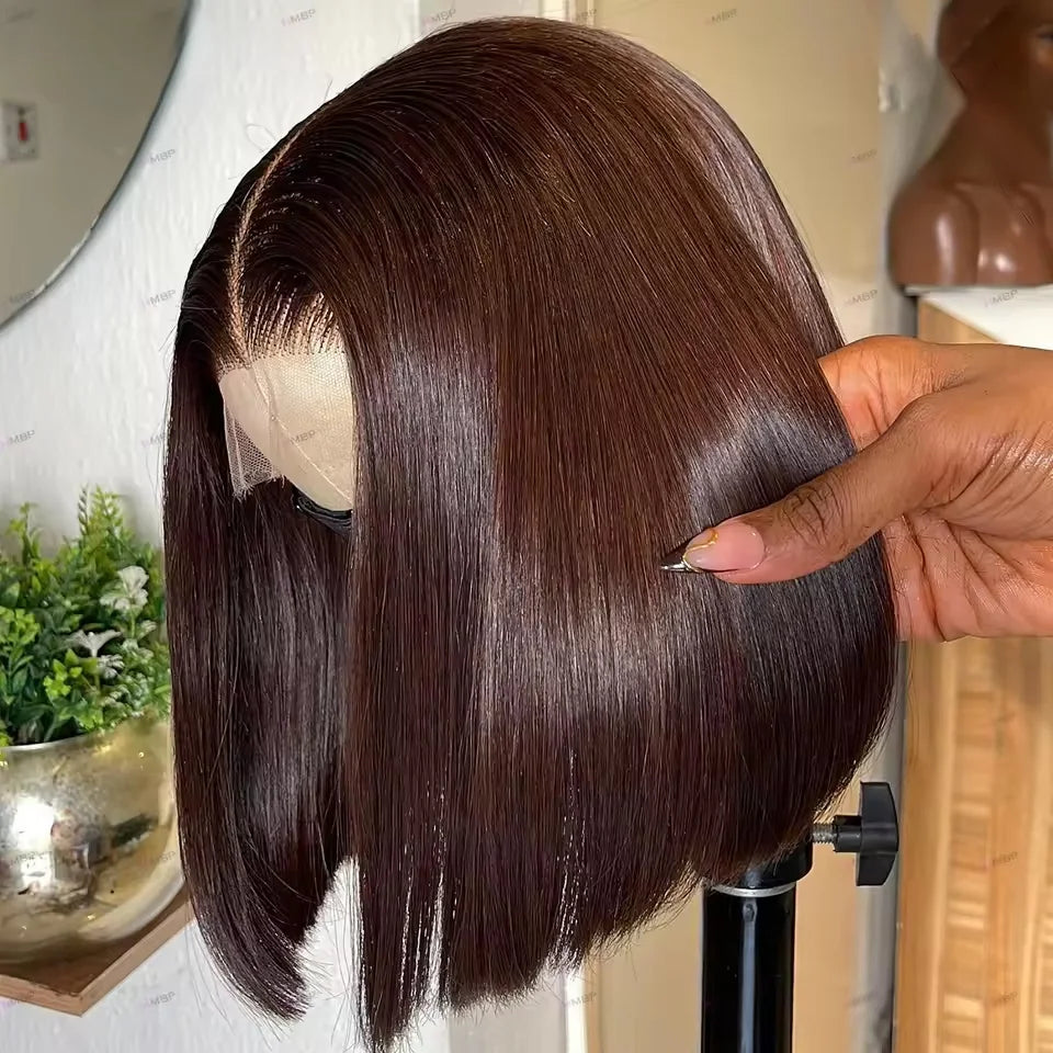 Perruque Bob Brune Chocolat Lisse 4X4 Frontal en Dentelle HD Lisse Ligne Naturelle Cheveux Pré épilés Cheveux Humains  16 pouces