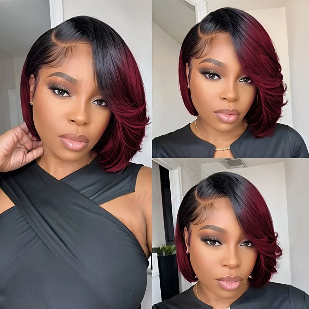 OmbreT1B/99J Short Pixie Cut malaysianRemy Human Hair Wigs To Wear Glueless Straight Hair Perruques Bob Court Cheveux Humains