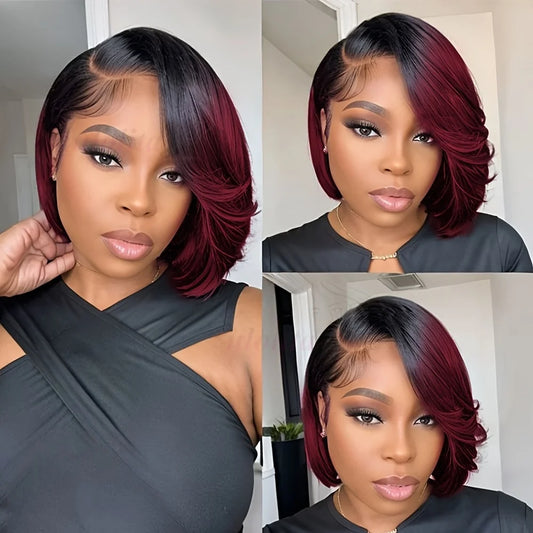 OmbreT1B/99J Short Pixie Cut malaysianRemy Human Hair Wigs To Wear Glueless Straight Hair Perruques Bob Court Cheveux Humains