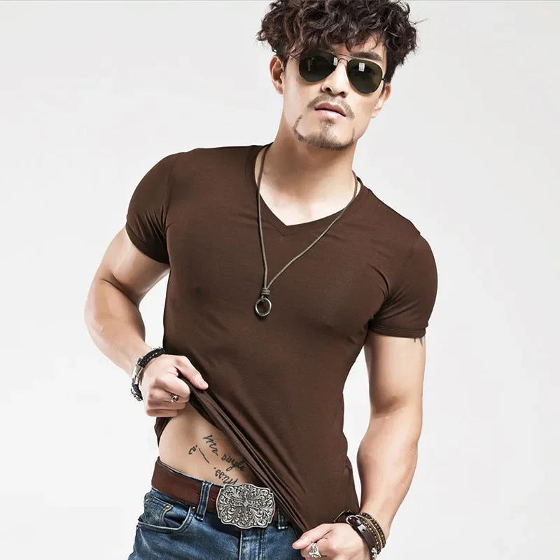 2026 Brand New Men T-Shirt Tops V-neck Short Sleeve Tees Men's Fashion Fitness Hot T-shirt For Male Man T-shirt Size 5XL
