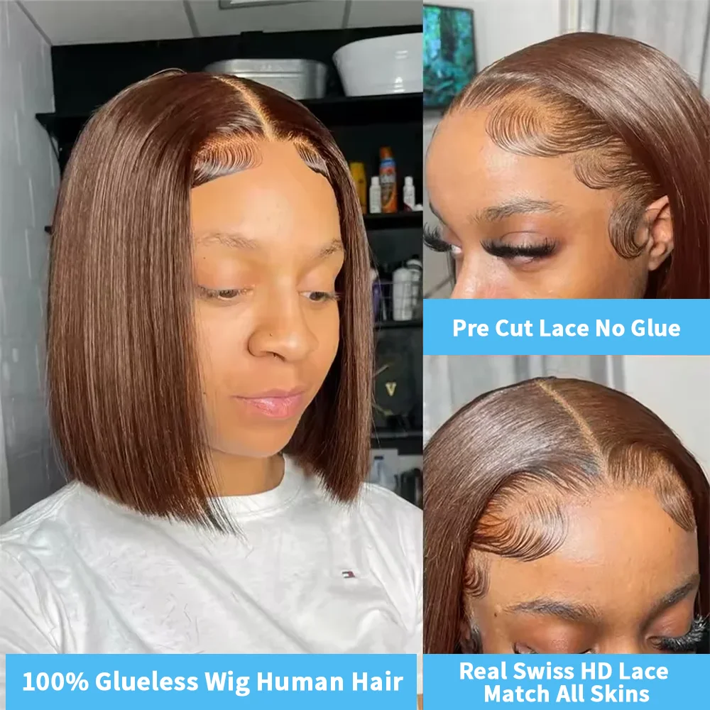 Chocolate Brown Straight Brazilian Bob Wigs Ready To Wear 7x5 Glueless 100% Human Hair Wigs #4 13x4 HD Lace Front Wig Preplucked