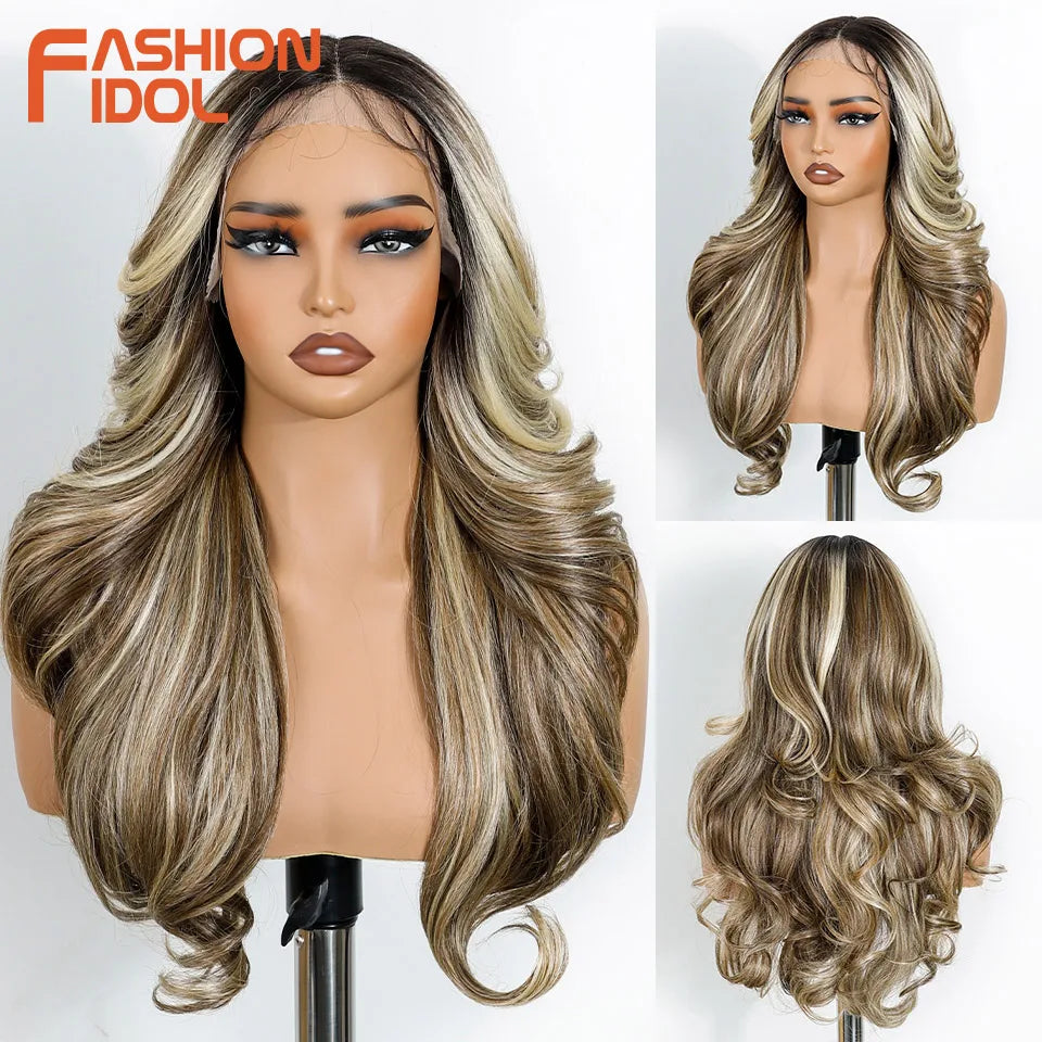 FASHION IDOL 24 Inch Long Loose Body Wavy Lace Front Wigs For Women Pre-Cut Pre Plucked Lace Wigs Ombre Blonde White Cosplay Wig