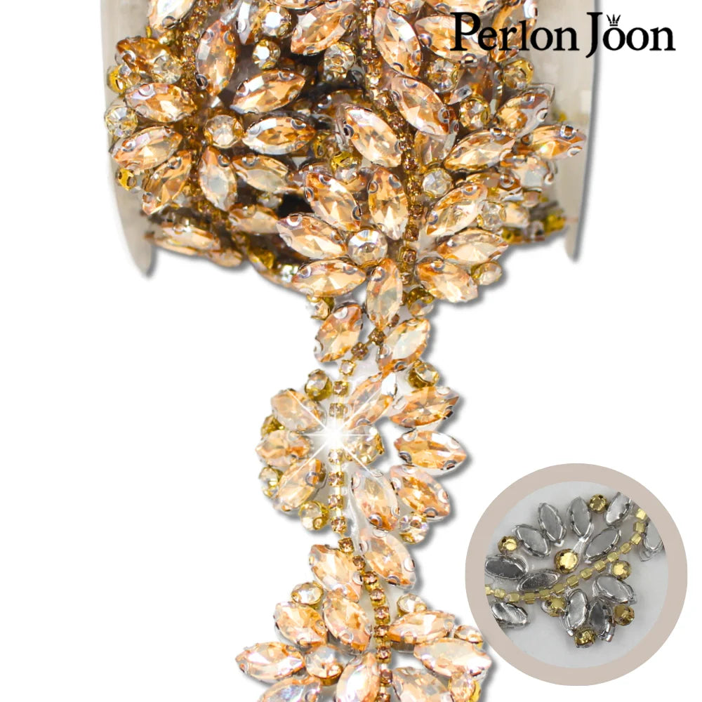 1Yard Hot Fix Cristal Flower Gold Iron On Rhinestone Applique Garment Dresses Bridal Headbands Bag Decoration Accessorie TR170