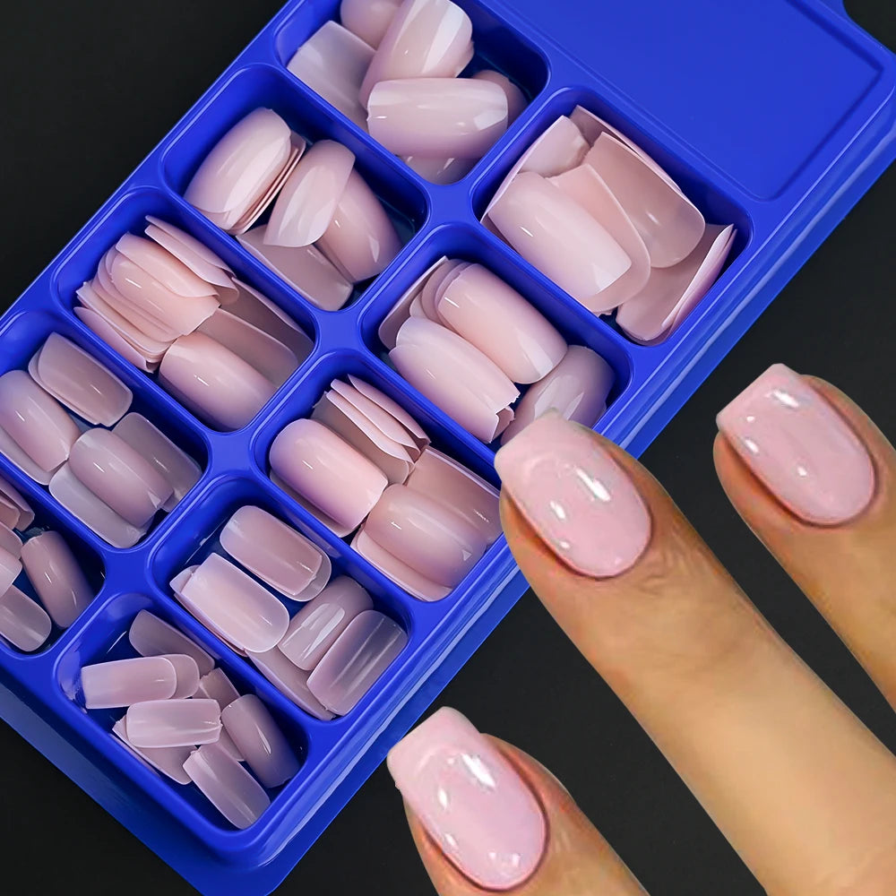 100 pcs d’ongles press-on rose clair, courts à moyens, carrés, faux ongles portables, 10 tailles, couverture complète, décoration pour doigts