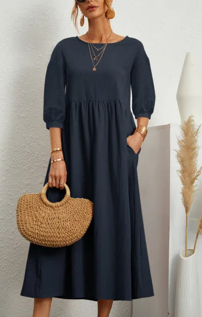 Women's Cotton Linen Dress Summer Fashion Vintage Loose Solid Lantern Sleeve Pocket Dresses O-Neck Long Femel Robe Ladies Wear