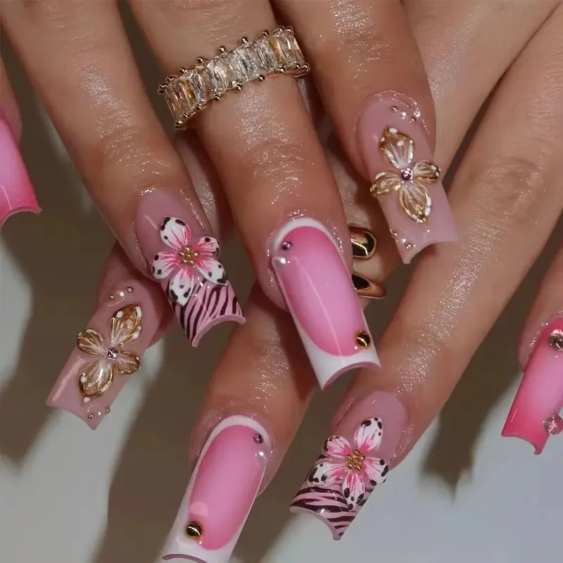 24 faux ongles carrés longs à poser avec imprimé léopard, design français 3D cerise, strass, couvrant entièrement