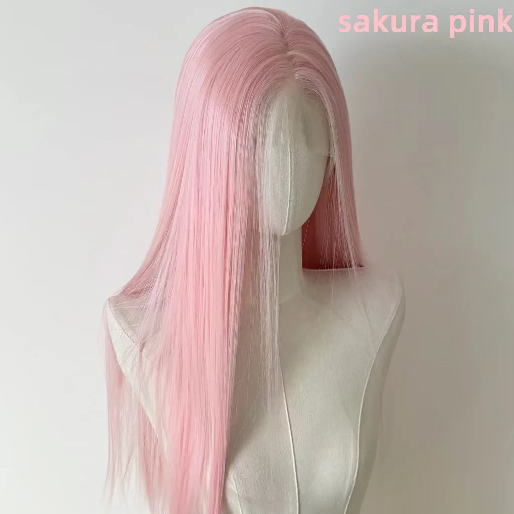 Perruque rose clair pour femmes 13x4 Lace Front, perruque synthétique longue droite de 26 pouces, fibre douce et résistante à la chaleur, perruque cosplay
