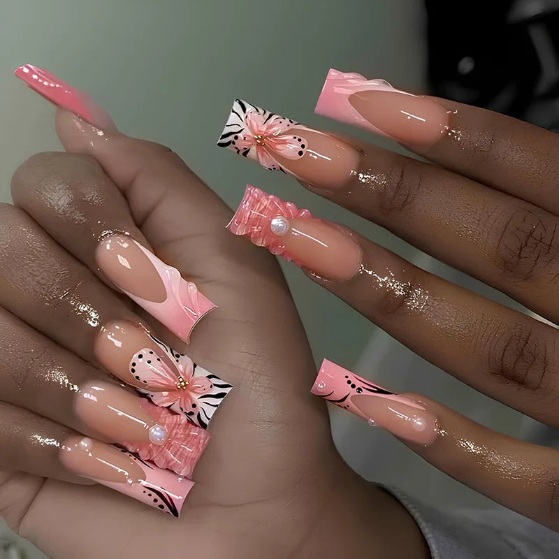 24 faux ongles carrés longs à poser avec imprimé léopard, design français 3D cerise, strass, couvrant entièrement