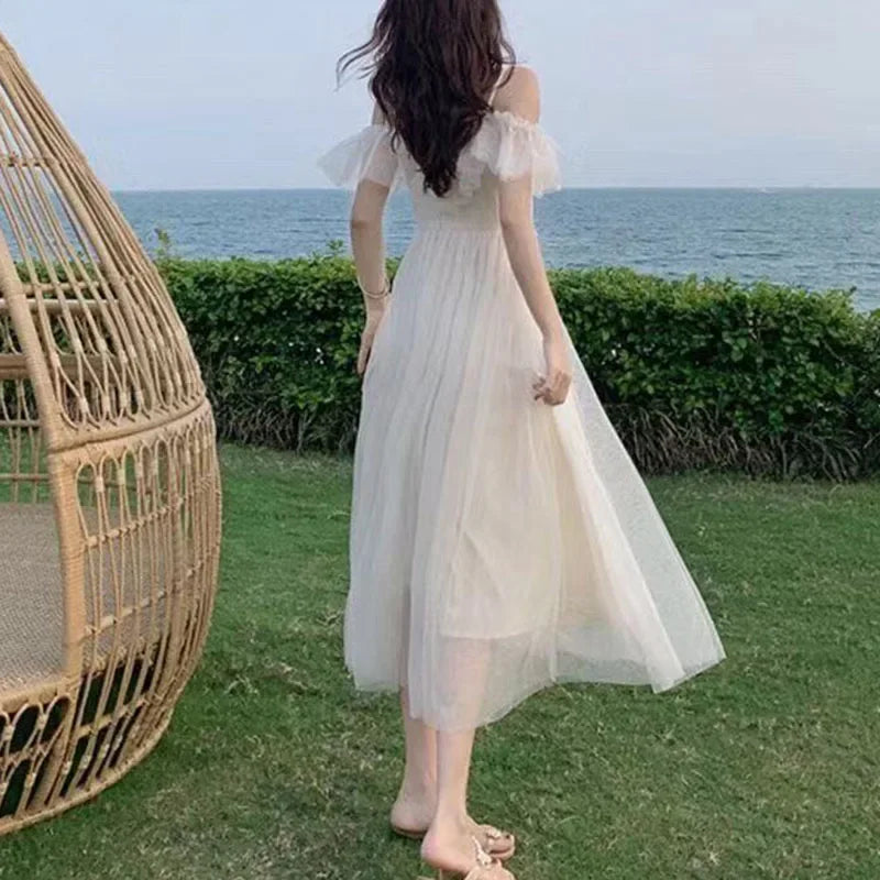Fairycore Mesh Dress Woman 2023 Summer Low Chest Off Shoulder Lace-Up White Dresses Women Sexy Sweet Spaghetti Strap Dress