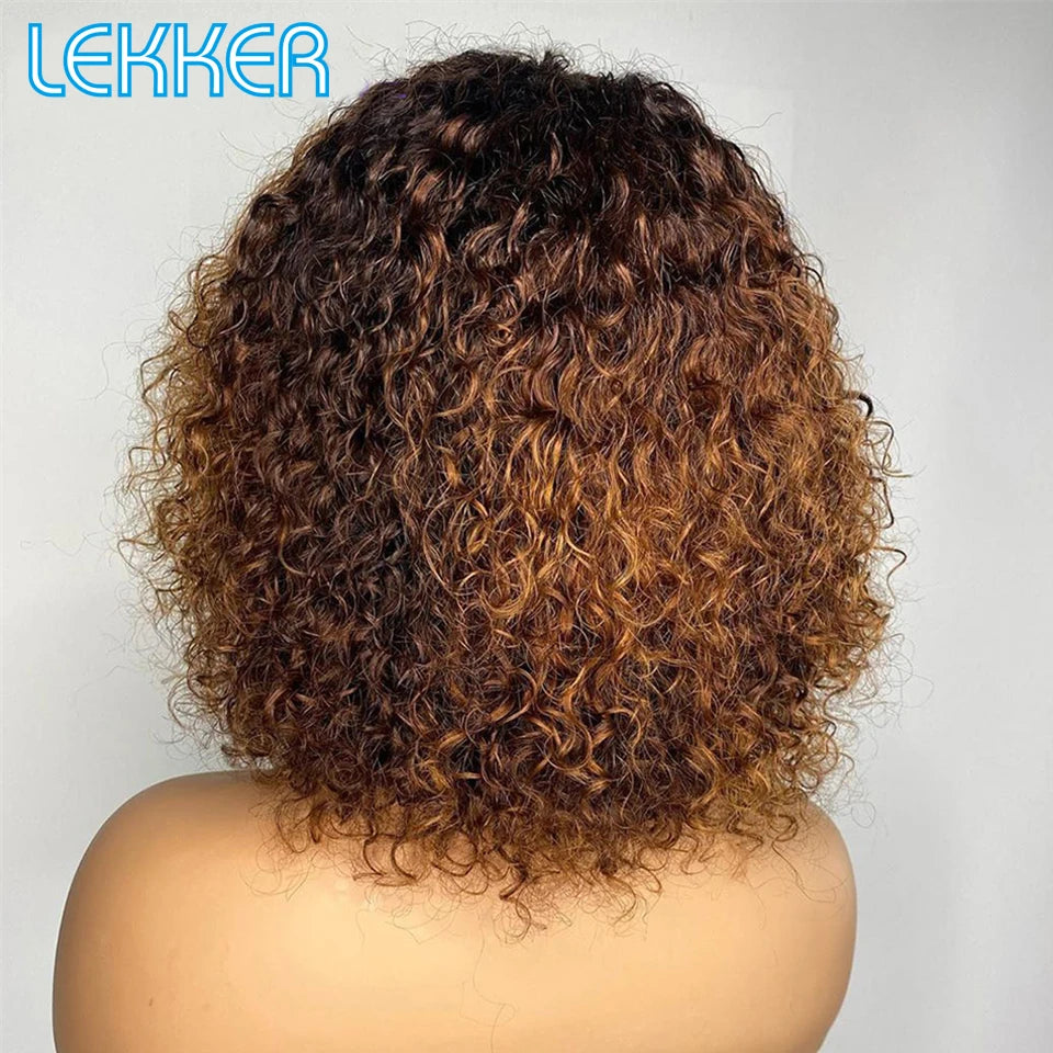 Perruque courte pixie afro bouclée kinky colorée humains pour femmes, cheveux brésiliens Remy, ombré marron en promotion gingembre