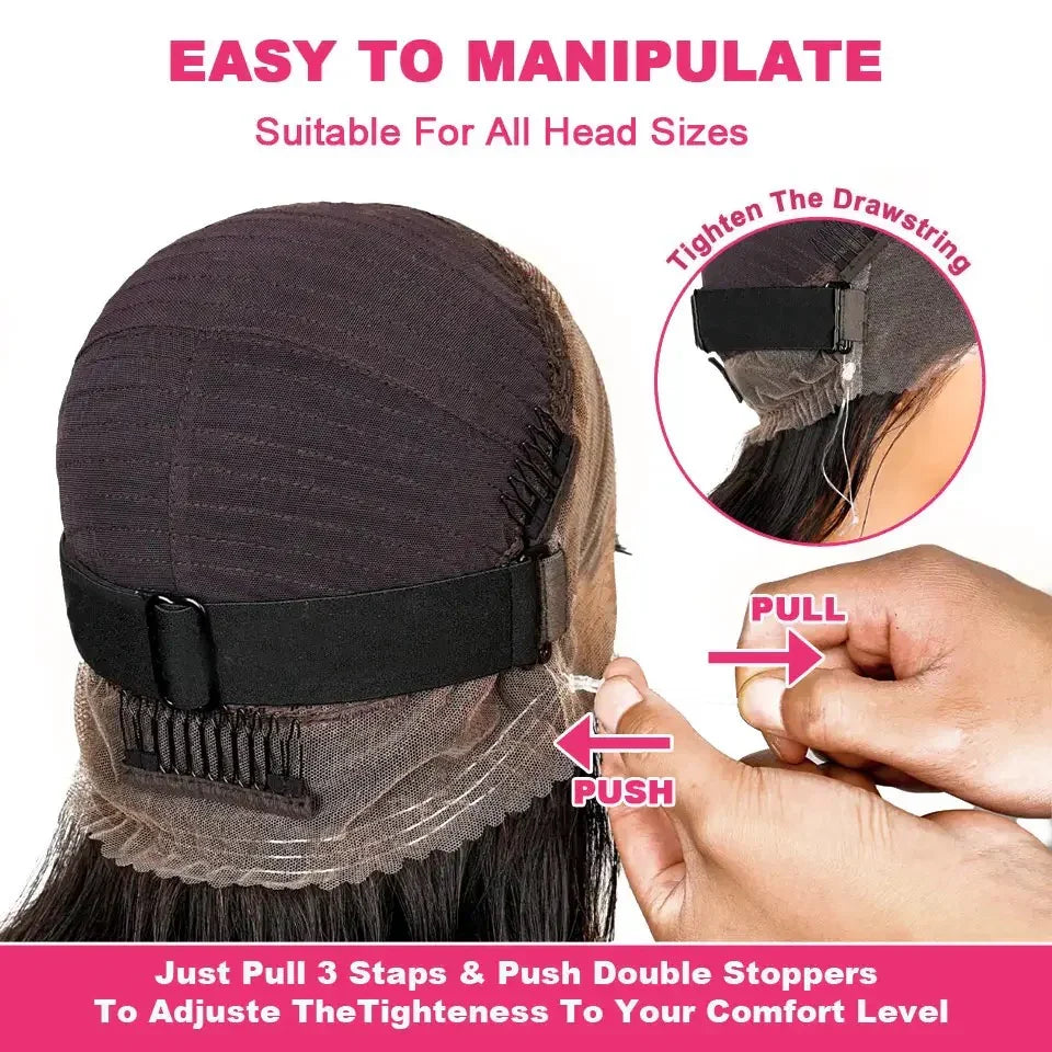 360 Straight Lace Frontal Wig Glueless Pull-and-Go Wig Drawstring Human Hair 250 Density Hidden Strap Invisible Lace Wig Pre-Plucked