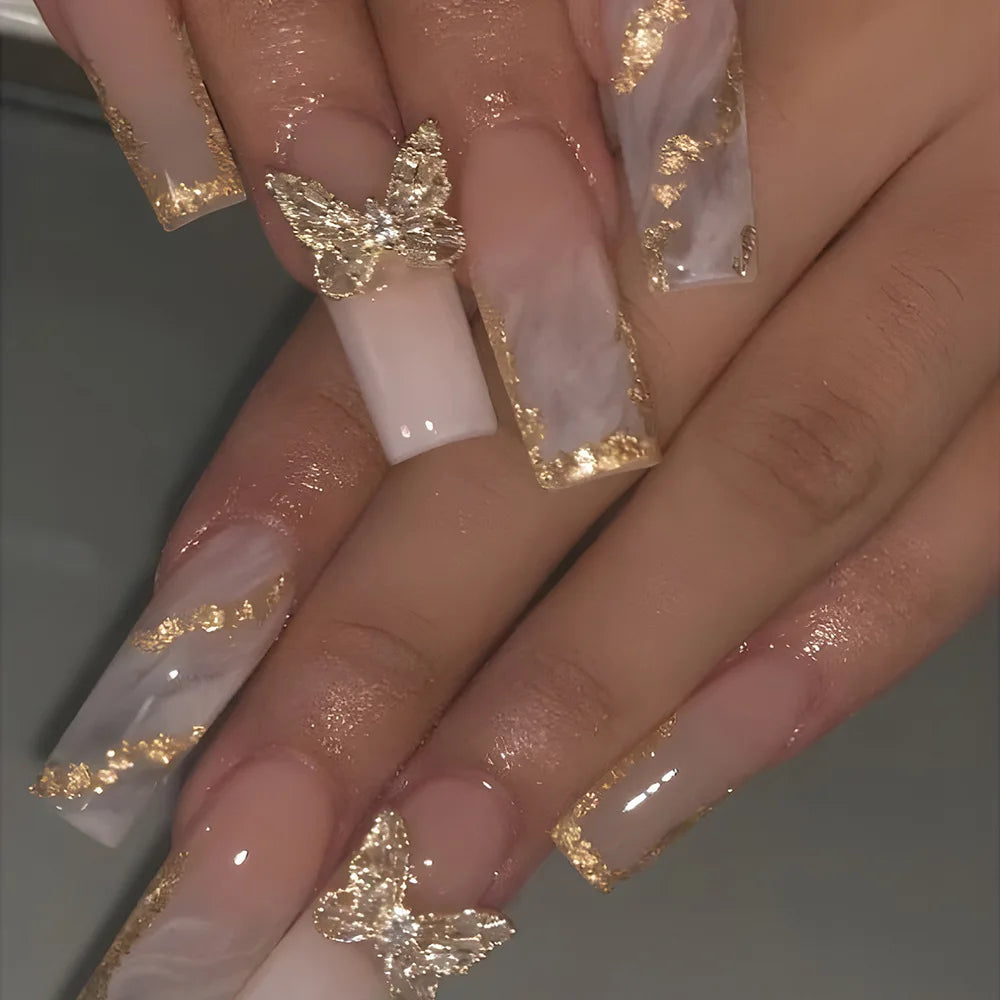 24 faux ongles carrés longs à poser avec imprimé léopard, design français 3D cerise, strass, couvrant entièrement