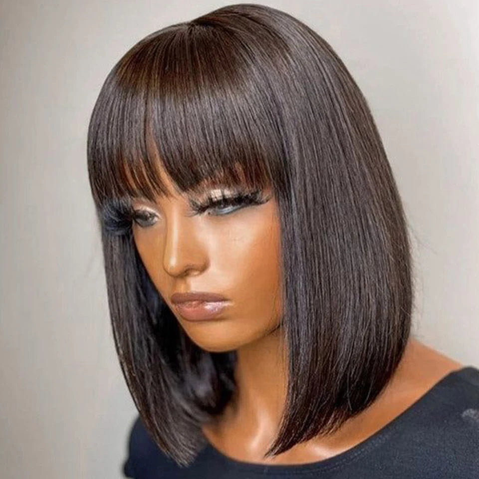 Brazilian Short Straight Hair Bob Wigs Human Hair Wig With Bangs Remy Full Machine Made Wig for Women Non Lace Glueless Bob Wig