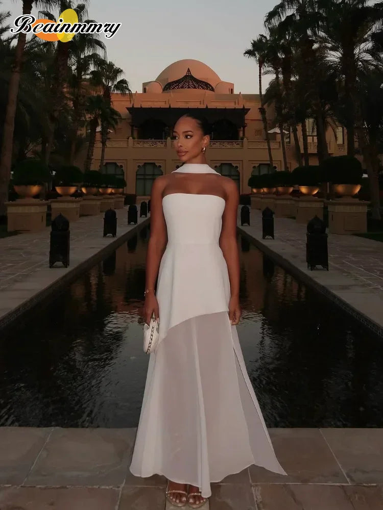 Elegant White Mesh Splicing Slim Women Strapless Dress Chic Scarf Neck Off Shoulder High Waist Long Dresses Lady Party Robes