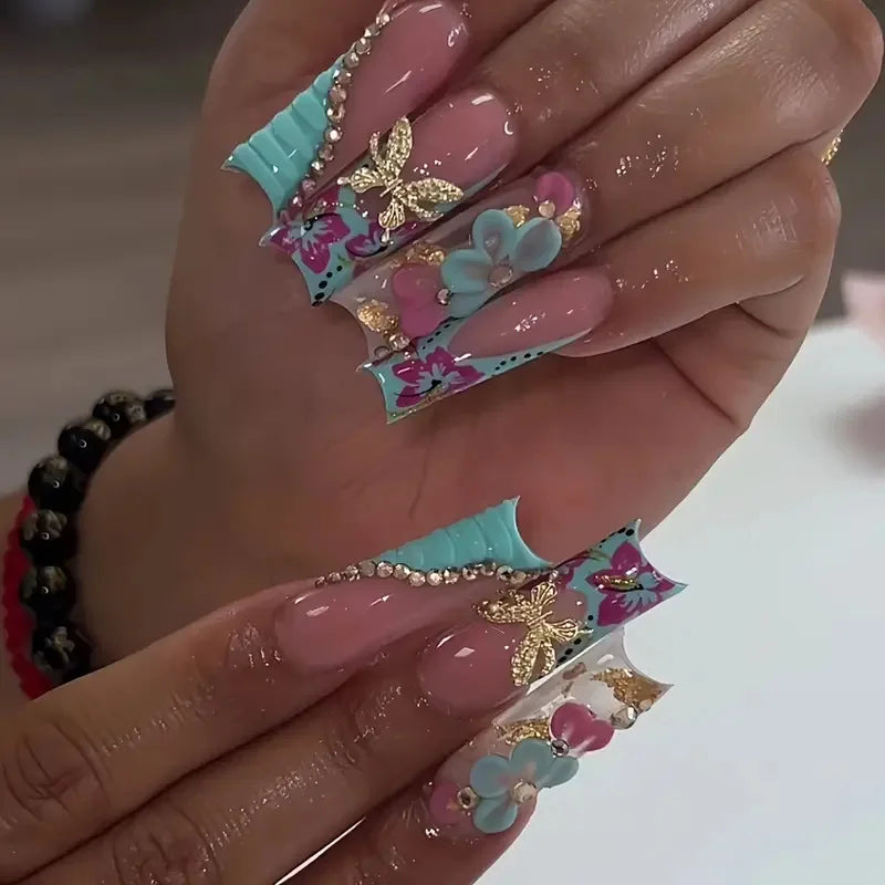 24 faux ongles carrés longs à poser avec imprimé léopard, design français 3D cerise, strass, couvrant entièrement