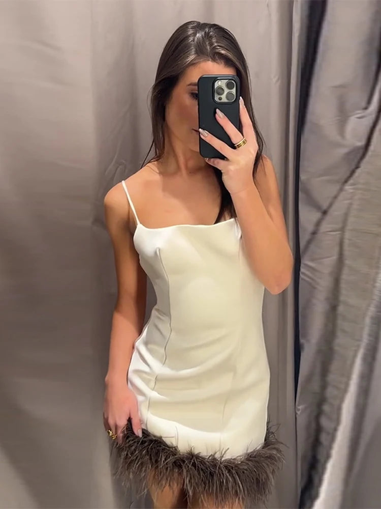 Elegant Fur Patchwork Women's Slip Dress Sleeveless Lady Mini Dresses 2026 Spring New Chic Female Party Ball Evening Robe